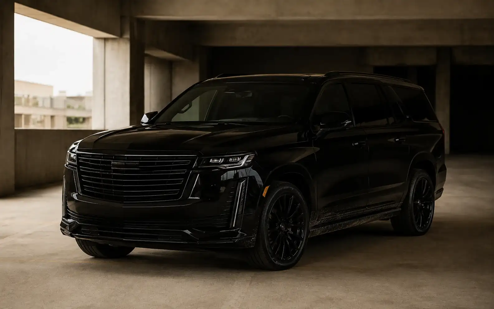 A black full-size luxury SUV on winter tyres in a concrete parking structure.