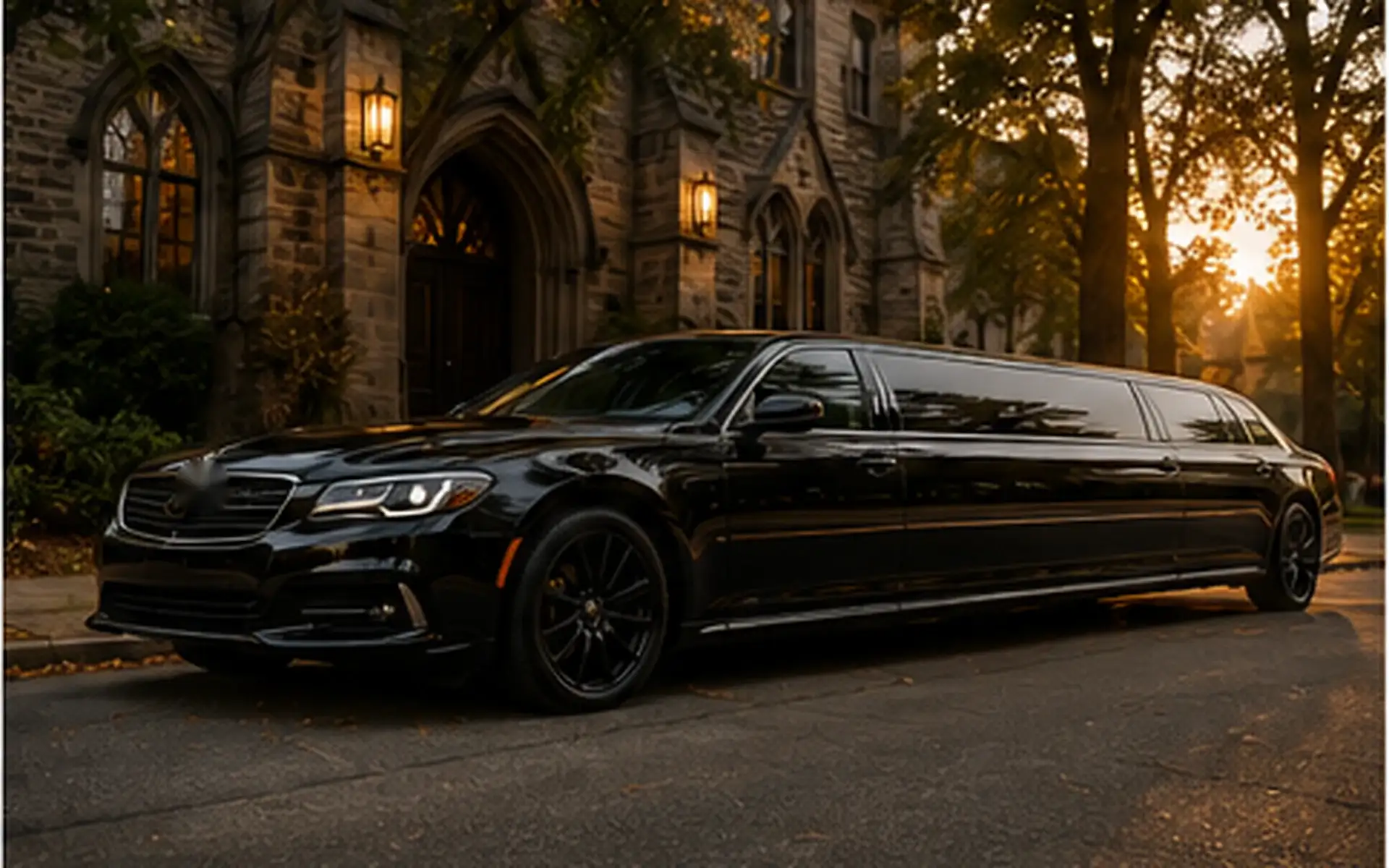 A black stretch limousine outside a stone church at golden hour.